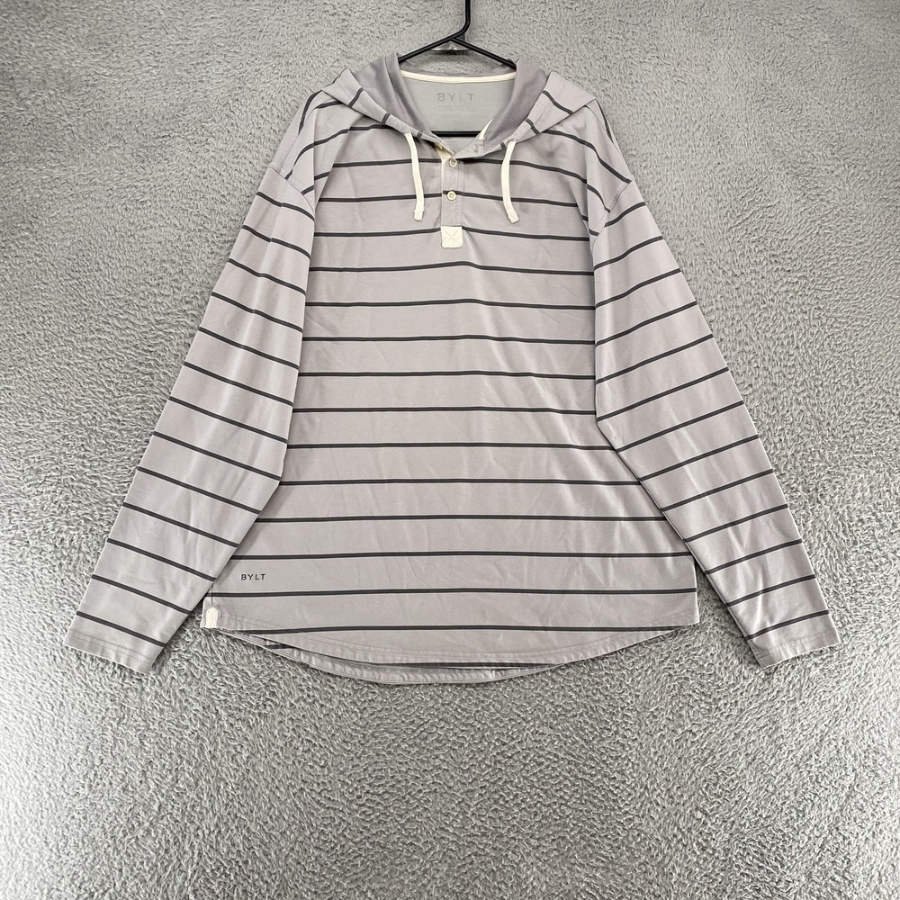 BYLT Henley Shirt Mens‎ Large Gray Hoodie Stripe Long Sleeve Drop-Cut Hooded